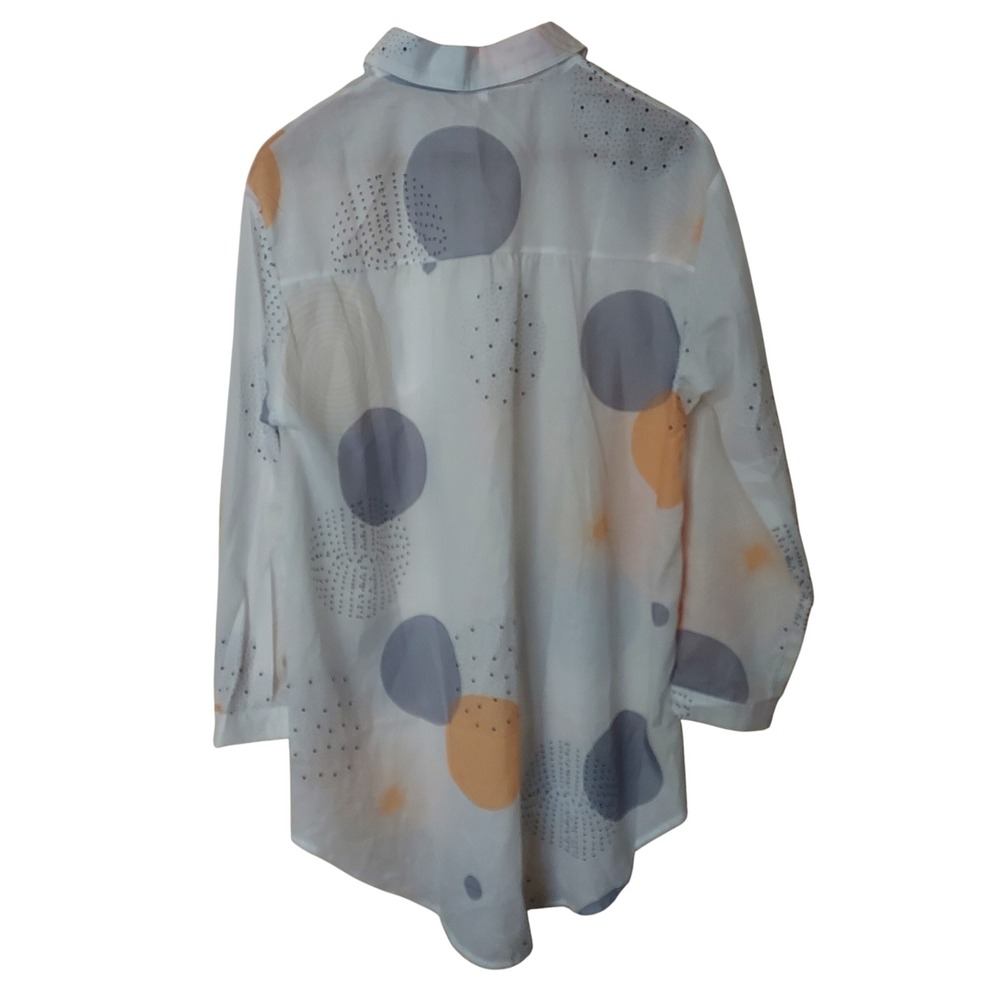 Womens L Geometric  Button‎ Up Shirt Long Sleeve Orange Gray White Top Korean - Picture 3 of 8